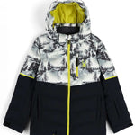 Spyder Junior's Impulse Synthetic Down Jacket 2023 - A black and white snowboard jacket with a forest pattern, featuring a yellow zipper and a hood.
