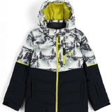 Spyder Junior's Impulse Synthetic Down Jacket 2023 - A black and white snowboard jacket with a forest pattern, featuring a yellow zipper and a hood.