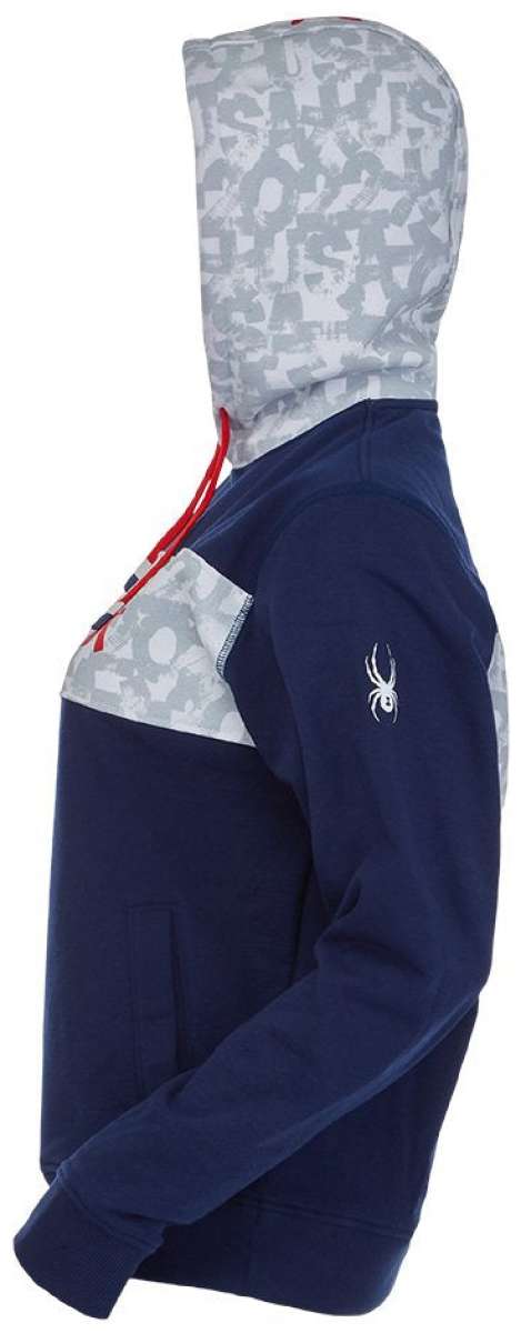 Spyder Juniors USA Pride Hoodie 2022 - A navy blue hoodie with a white and red patterned hood featuring an American flag design.