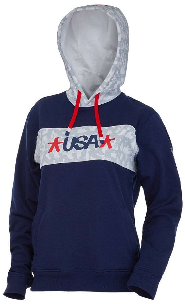 Spyder Juniors USA Pride Hoodie 2022 - A navy blue hoodie with a white stripe across the chest and red, white, and blue lettering that reads "USA".