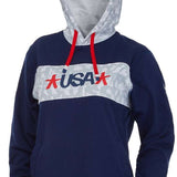 Spyder Juniors USA Pride Hoodie 2022 - A navy blue hoodie with a white stripe across the chest and red, white, and blue lettering that reads "USA".