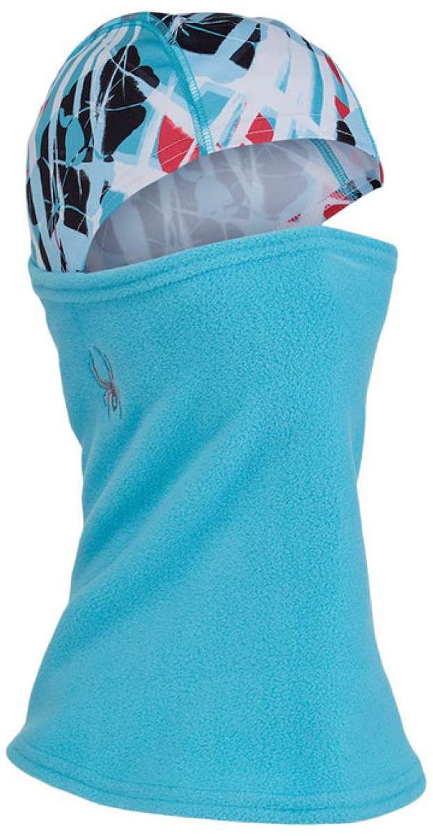 Spyder Kids Guide Balaclava 2022 - A blue balaclava with a white, black, and red abstract pattern on top.