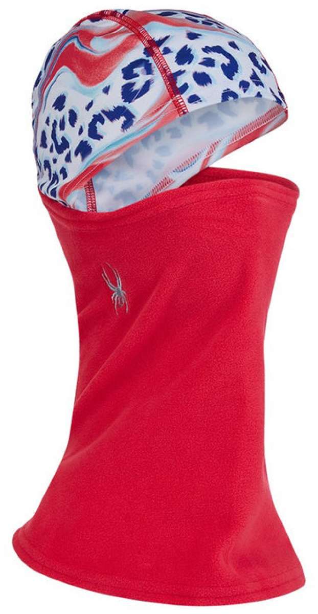 Spyder Kids Guide Balaclava 2022 - A white balaclava with a blue leopard print design on top and red trim around the edges.