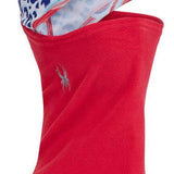Spyder Kids Guide Balaclava 2022 - A white balaclava with a blue leopard print design on top and red trim around the edges.