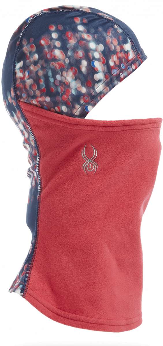 Spyder Kids Guide Balaclava 2023 - A navy blue balaclava with a multicolored snowflake pattern on the top half and solid red fleece on the bottom half.