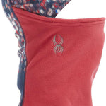 Spyder Kids Guide Balaclava 2023 - A navy blue balaclava with a multicolored snowflake pattern on the top half and solid red fleece on the bottom half.