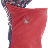 Spyder Kids Guide Balaclava 2023 - A navy blue balaclava with a multicolored snowflake pattern on the top half and solid red fleece on the bottom half.