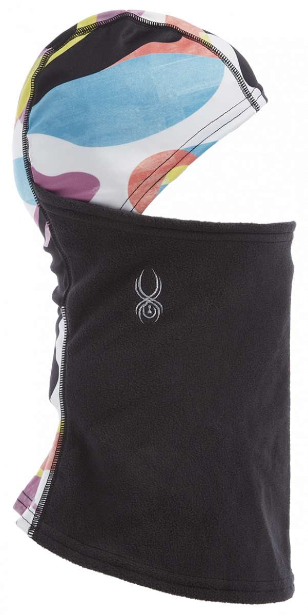 Spyder Kids Guide Balaclava 2023 - A black balaclava with a colorful abstract pattern on the hood.