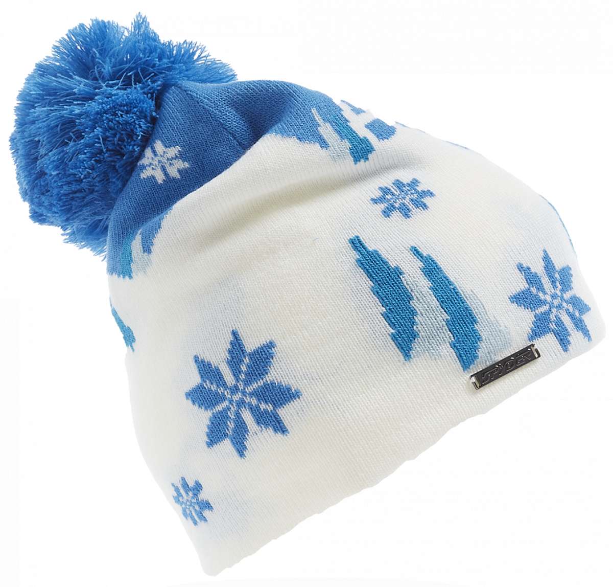 Spyder Ladies Apres Ski Pom Beanie 2023 - A blue and white knit beanie with a large pom-pom on top, featuring a snowflake pattern.