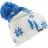 Spyder Ladies Apres Ski Pom Beanie 2023 - A blue and white knit beanie with a large pom-pom on top, featuring a snowflake pattern.