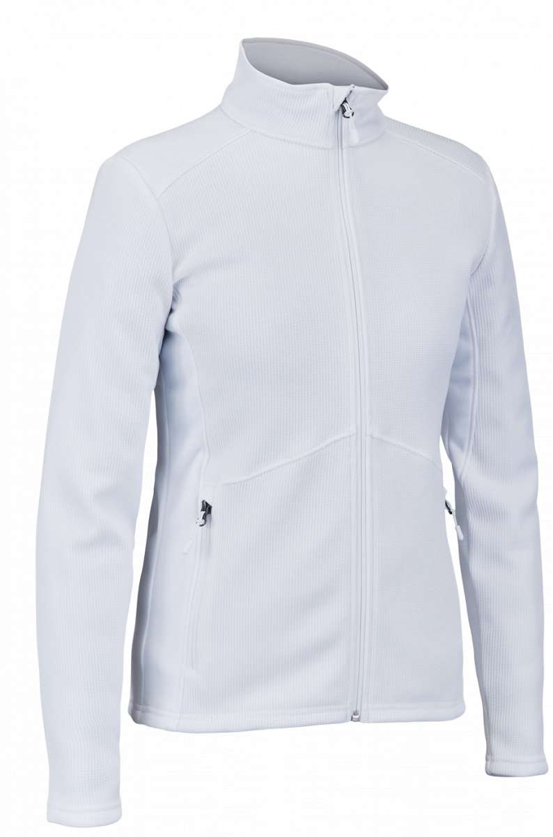 Spyder Ladies Bandita Full-Zip Fleece Jacket 2023 - A white fleece jacket with a high collar and zippered front, featuring two side pockets with zippers.