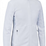 Spyder Ladies Bandita Full-Zip Fleece Jacket 2023 - A white fleece jacket with a high collar and zippered front, featuring two side pockets with zippers.