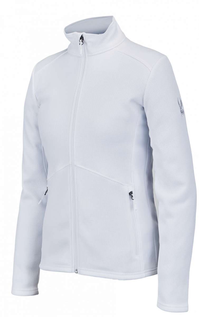 Spyder Ladies Bandita Full-Zip Fleece Jacket 2023 - A white fleece jacket with a high collar and zippered pockets on either side.
