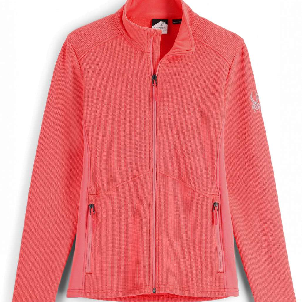 Spyder Ladies Bandita Full-Zip Fleece Jacket 2023 - A coral-colored fleece jacket with a zippered front and two side pockets.