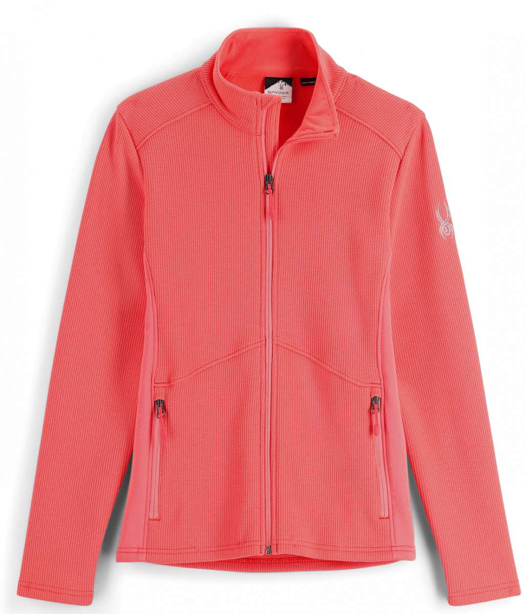 Spyder Ladies Bandita Full-Zip Fleece Jacket 2023 - A coral-colored fleece jacket with a zippered front and two side pockets.