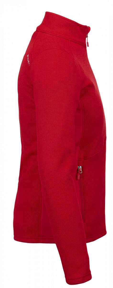 Spyder Ladies Bandita Full-Zip Fleece Jacket 2023 - A red fleece jacket with a zippered front and white logo on the left sleeve.