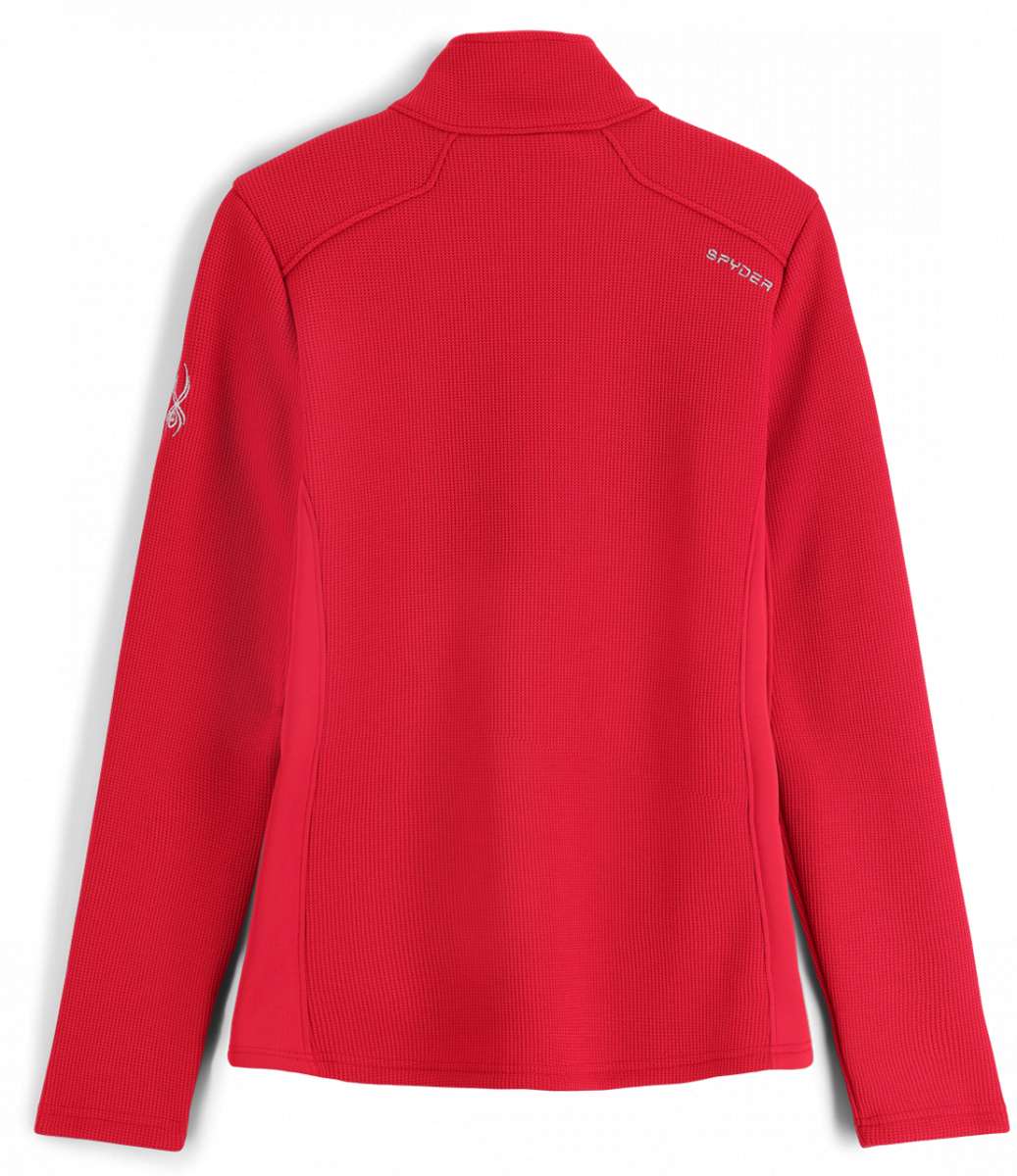 Spyder Ladies Bandita Full-Zip Fleece Jacket 2023 - A red fleece jacket with a high collar and zippered front, featuring white embroidered logo on left chest.