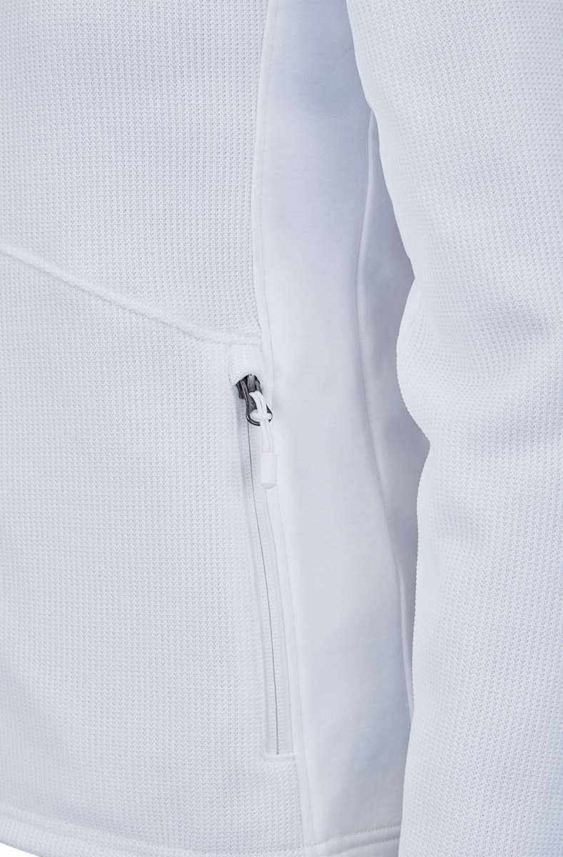 Spyder Ladies Bandita Full-Zip Fleece Jacket 2023 - A white fleece jacket with a full zip and two pockets on either side, featuring a bandita logo on the left chest.