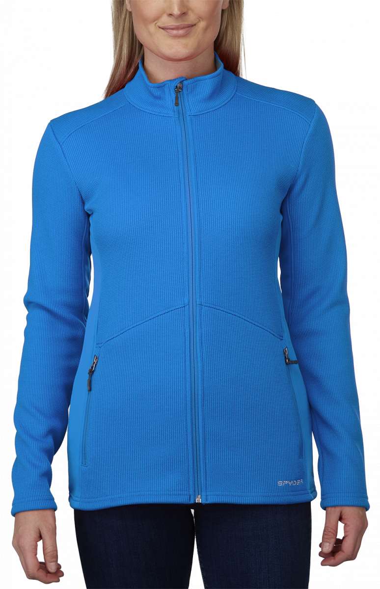 Spyder Ladies Bandita Full-Zip Fleece Jacket 2023 - A royal blue fleece jacket with a high collar and zippered pockets on either side.