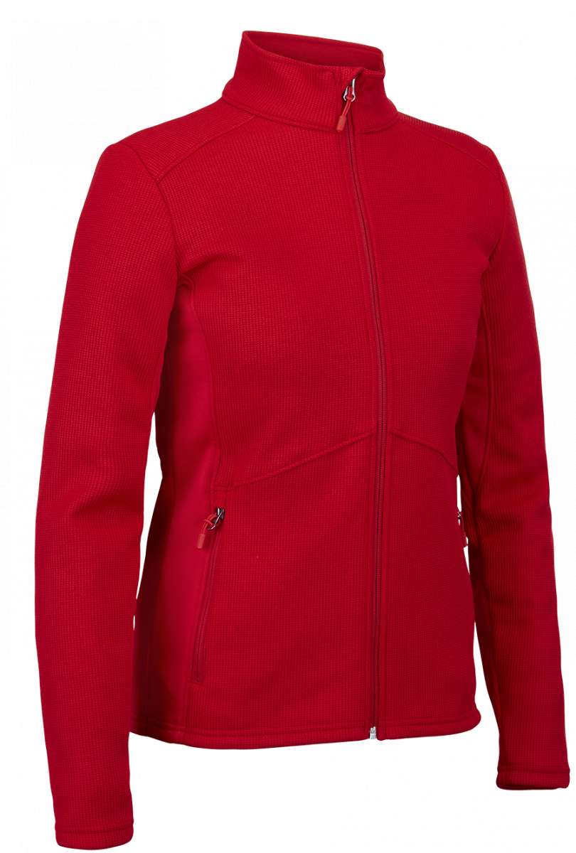 Spyder Ladies Bandita Full-Zip Fleece Jacket 2023 - A red fleece jacket with a high collar and zippered pockets on either side.