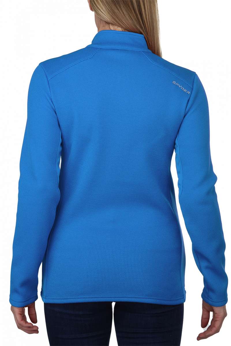 Spyder Ladies Bandita Full-Zip Fleece Jacket 2023 - A royal blue fleece jacket with a high collar and zippered front, featuring a textured pattern on the fabric.