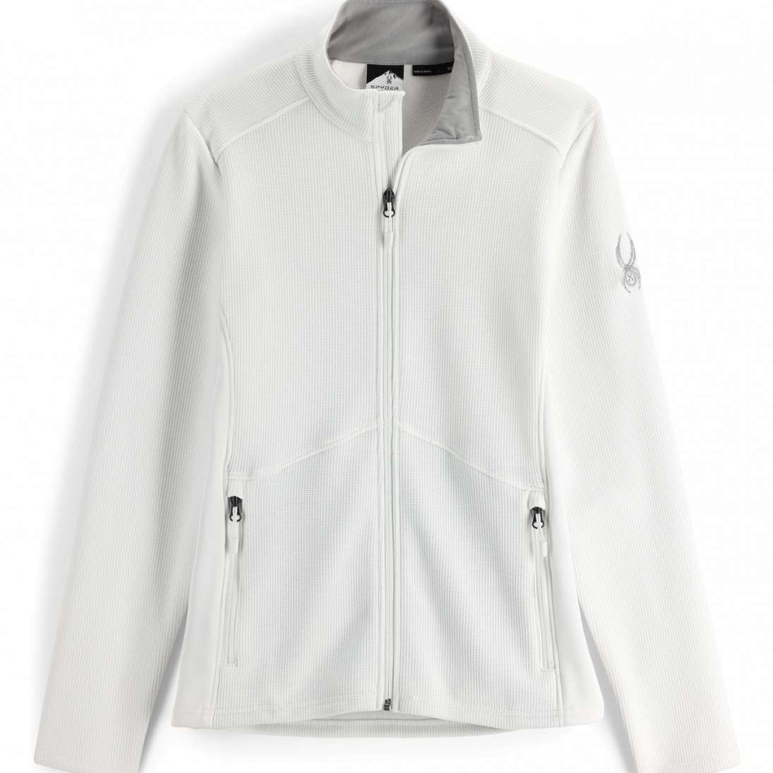 Spyder Ladies Bandita Full-Zip Fleece Jacket 2023 - A white fleece jacket with a zippered front and two side pockets, featuring a collar and long sleeves.