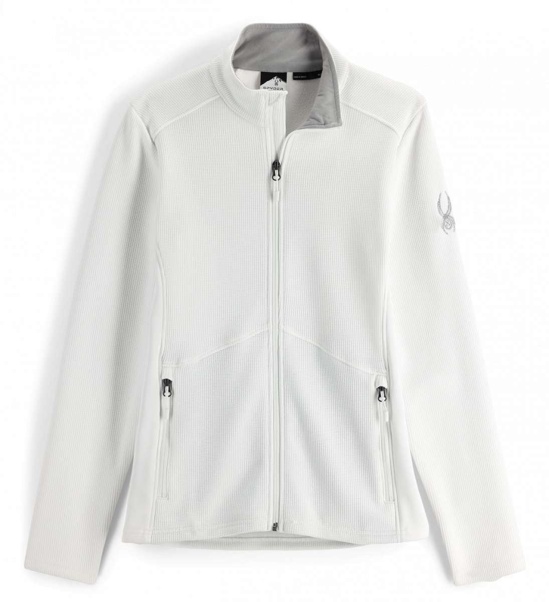 Spyder Ladies Bandita Full-Zip Fleece Jacket 2023 - A white fleece jacket with a zippered front and two side pockets, featuring a collar and long sleeves.