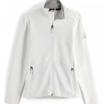 Spyder Ladies Bandita Full-Zip Fleece Jacket 2023 - A white fleece jacket with a zippered front and two side pockets, featuring a collar and long sleeves.