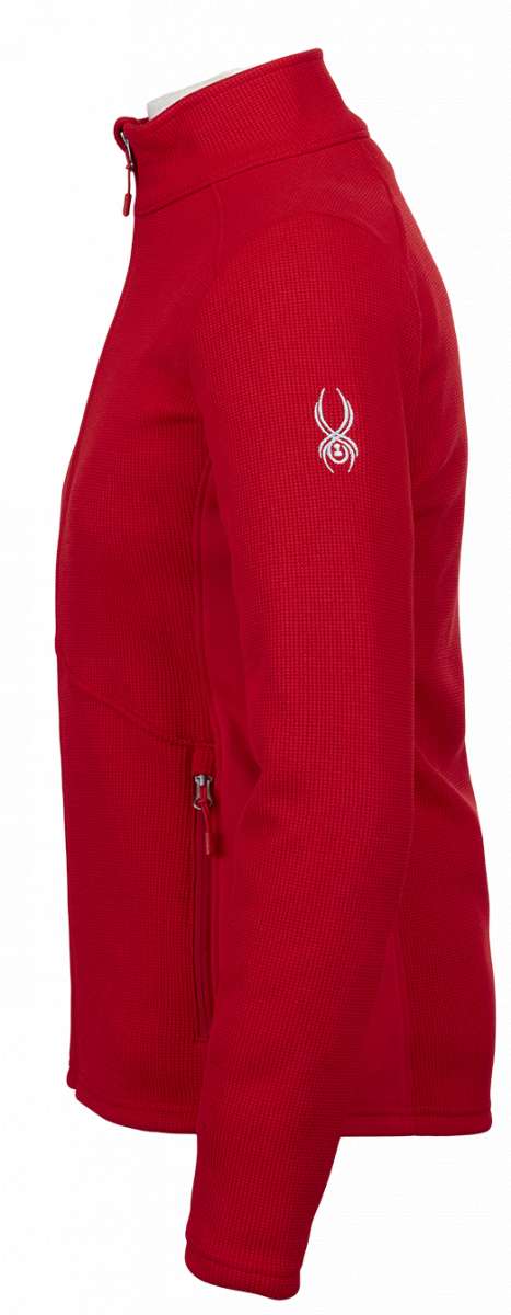 Spyder Ladies Bandita Full-Zip Fleece Jacket 2023 - A red fleece jacket with a white logo on the left chest and silver zipper pull.