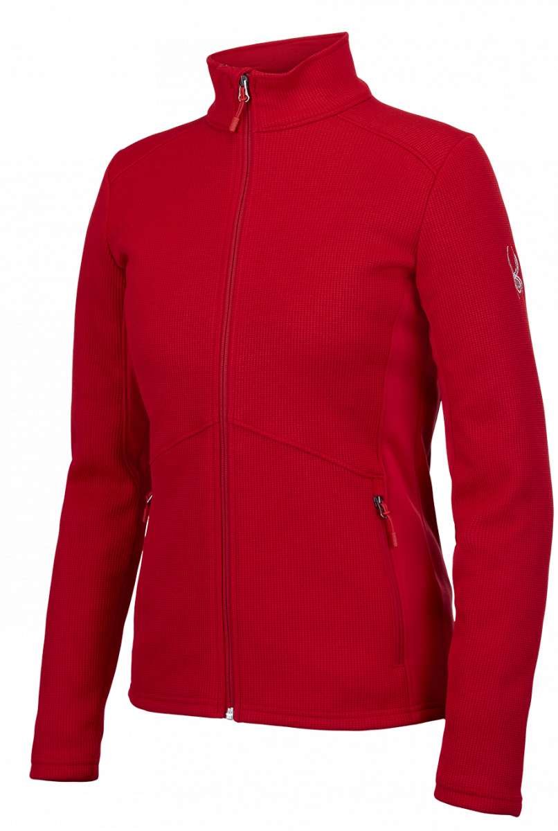 Spyder Ladies Bandita Full-Zip Fleece Jacket 2023 - A red fleece jacket with a full zip and two side pockets, featuring a white logo on the left sleeve.