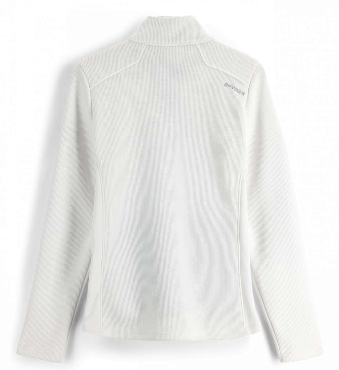 Spyder Ladies Bandita Full-Zip Fleece Jacket 2023 - A white fleece jacket with a zippered front and two side pockets, featuring a subtle logo on the left chest.