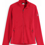 Spyder Ladies Bandita Full-Zip Fleece Jacket 2023 - A red fleece jacket with a zippered front and two side pockets, featuring a white logo on the left sleeve.