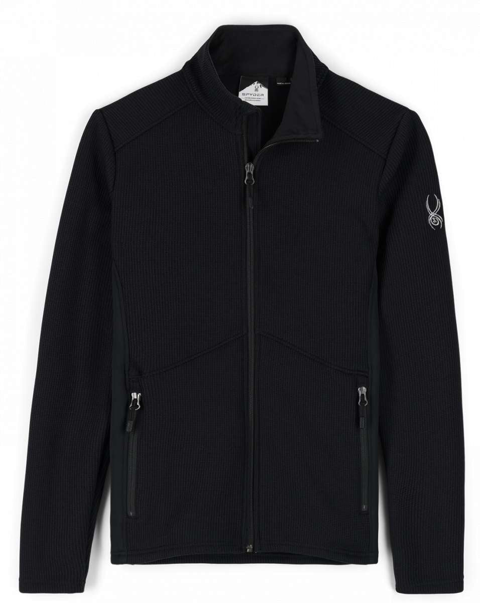 Spyder Ladies Bandita Full-Zip Fleece Jacket 2023 - A black fleece jacket with a zippered front and two side pockets, featuring a white logo on the left sleeve.