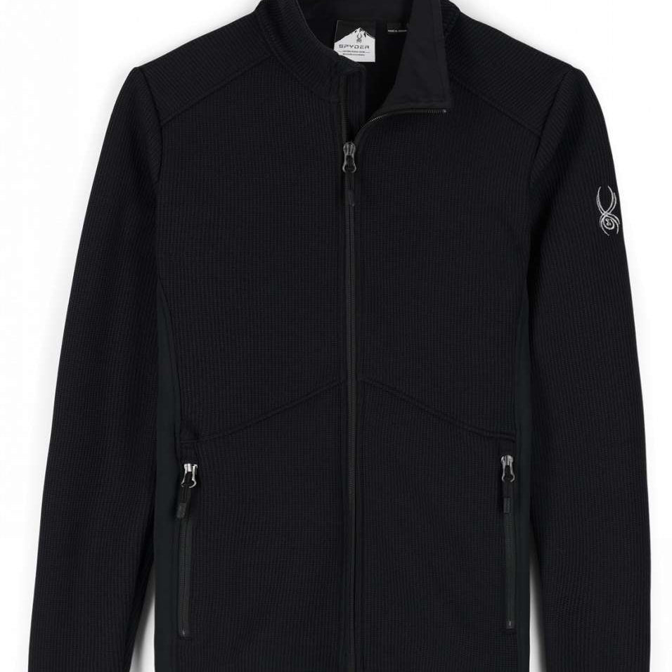 Spyder Ladies Bandita Full-Zip Fleece Jacket 2023 - A black fleece jacket with a zippered front and two side pockets, featuring a white logo on the left sleeve.