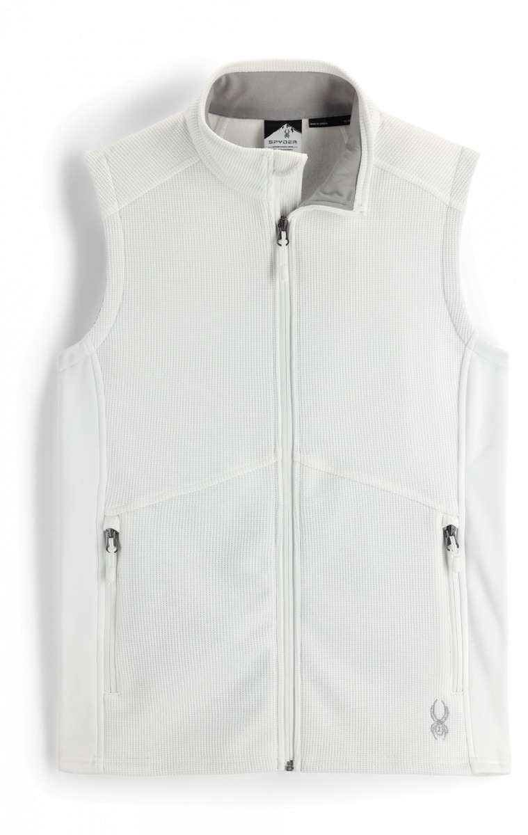 Spyder Ladies Bandita Full-Zip Fleece Vest 2023 - A white fleece vest with a zippered front and two side pockets, featuring a small logo on the bottom right corner.
