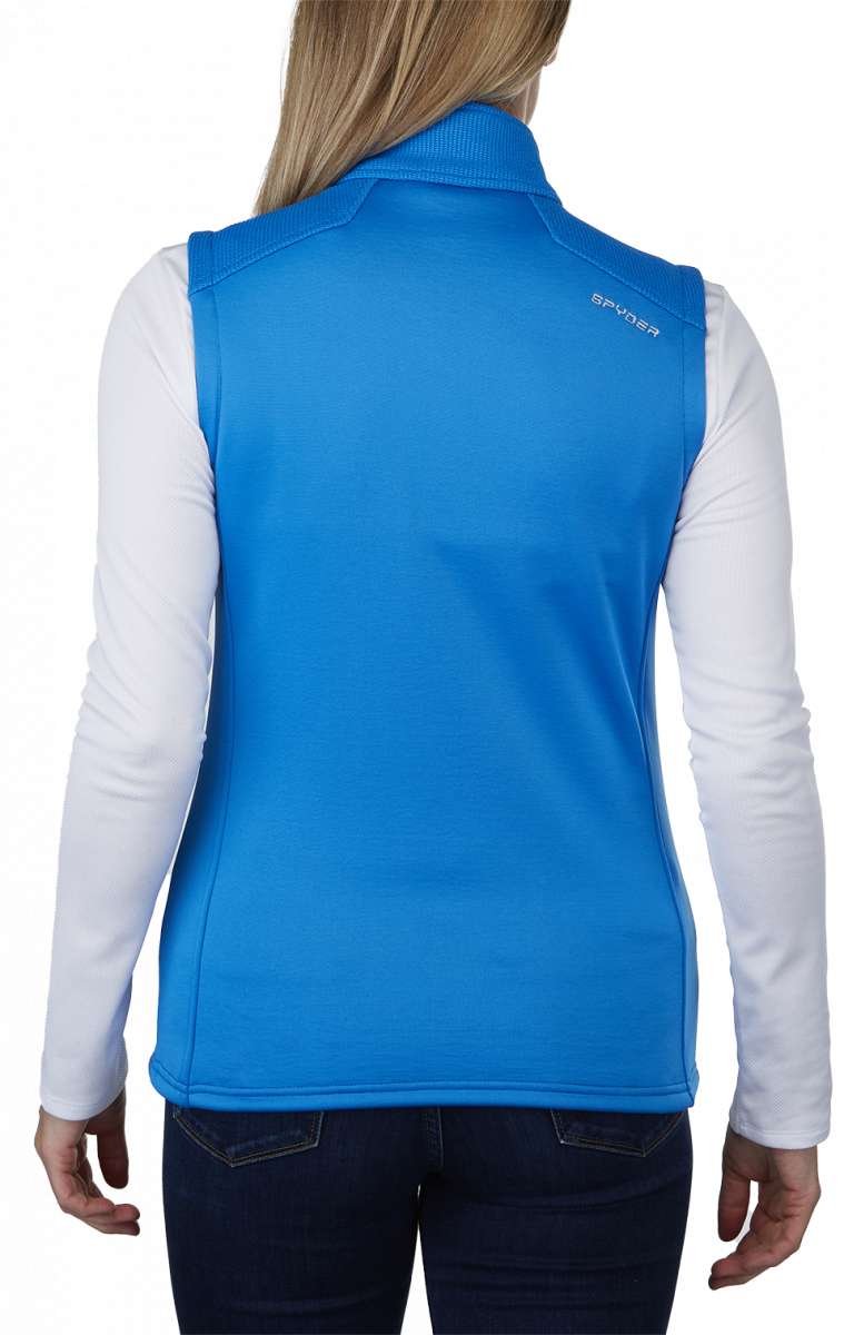 Spyder Ladies Bandita Full-Zip Fleece Vest 2023 - A blue fleece vest with a zippered front and white lettering on the left chest.