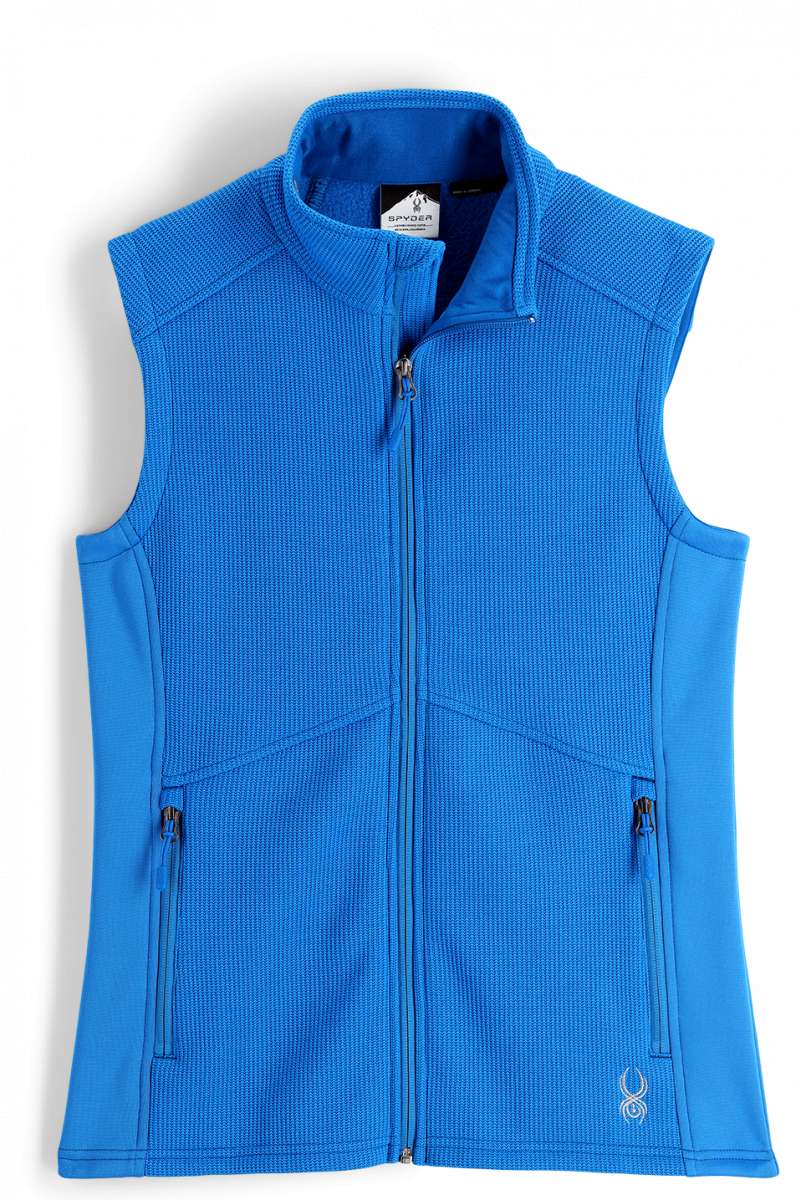 Spyder Ladies Bandita Full-Zip Fleece Vest 2023 - A blue fleece vest with a zippered front and two side pockets.