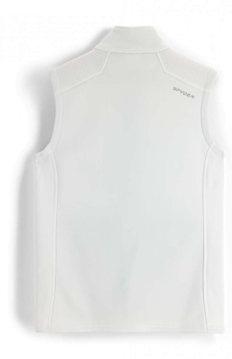 Spyder Ladies Bandita Full-Zip Fleece Vest 2023 - A white fleece vest with a zippered front and ribbed cuffs, featuring the word "spyder" in small gray letters on the upper right side.