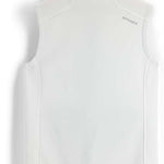 Spyder Ladies Bandita Full-Zip Fleece Vest 2023 - A white fleece vest with a zippered front and ribbed cuffs, featuring the word "spyder" in small gray letters on the upper right side.