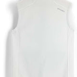 Spyder Ladies Bandita Full-Zip Fleece Vest 2023 - A white fleece vest with a zippered front and ribbed cuffs, featuring the word "spyder" in small gray letters on the upper right side.