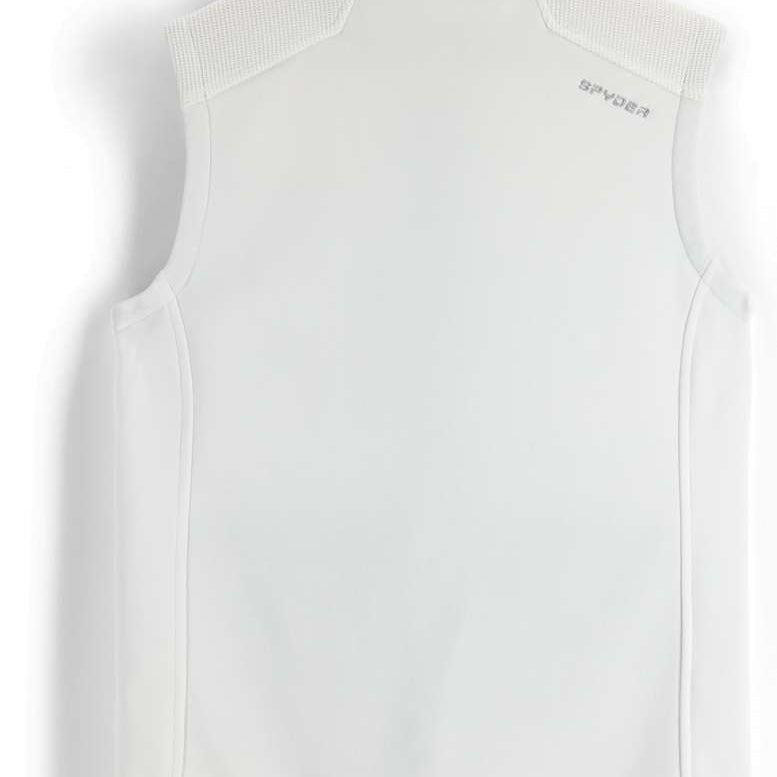 Spyder Ladies Bandita Full-Zip Fleece Vest 2023 - A white fleece vest with a zippered front and ribbed cuffs, featuring the word "spyder" in small gray letters on the upper right side.