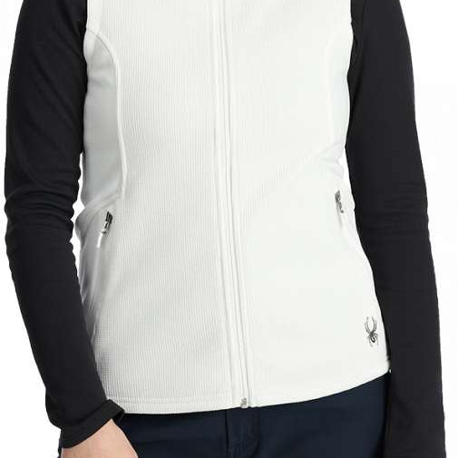Spyder Ladies Bandita Full Zip Fleece Vest 2024 - A black fleece vest with a zippered front and two side pockets, featuring a small embroidered logo on the left chest.