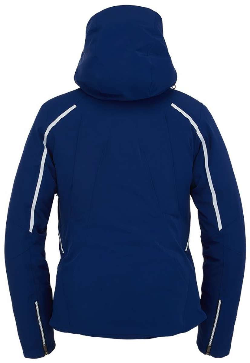 Spyder Ladies Brava GORE-TEX Insulated Jacket 2022 - A navy blue jacket with white accents on the shoulders and chest, featuring a hood and two zippered pockets.