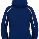 Spyder Ladies Brava GORE-TEX Insulated Jacket 2022 - A navy blue jacket with white accents on the shoulders and chest, featuring a hood and two zippered pockets.