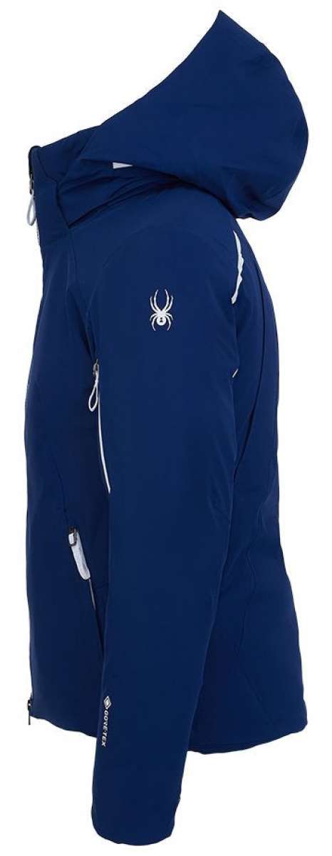 Spyder Ladies Brava GORE-TEX Insulated Jacket 2022 - A navy blue jacket with a white spider logo on the left chest and silver zippers.