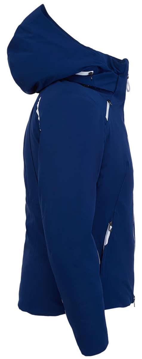 Spyder Ladies Brava GORE-TEX Insulated Jacket 2022 - A navy blue jacket with a hood, featuring white accents on the zipper and drawstrings.