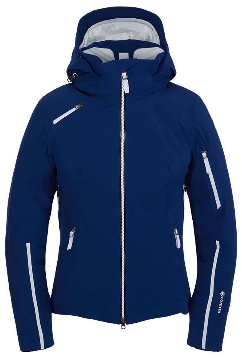 Spyder Ladies Brava GORE-TEX Insulated Jacket 2022 - A navy blue jacket with a white zipper and two zippered pockets on either side.