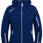 Spyder Ladies Brava GORE-TEX Insulated Jacket 2022 - A navy blue jacket with a white zipper and two zippered pockets on either side.
