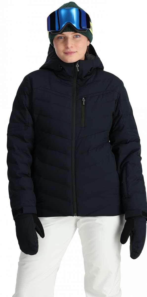 Spyder Ladies Brisk Synthetic Down Jacket 2024 - A black jacket with a high collar and zippered pockets.