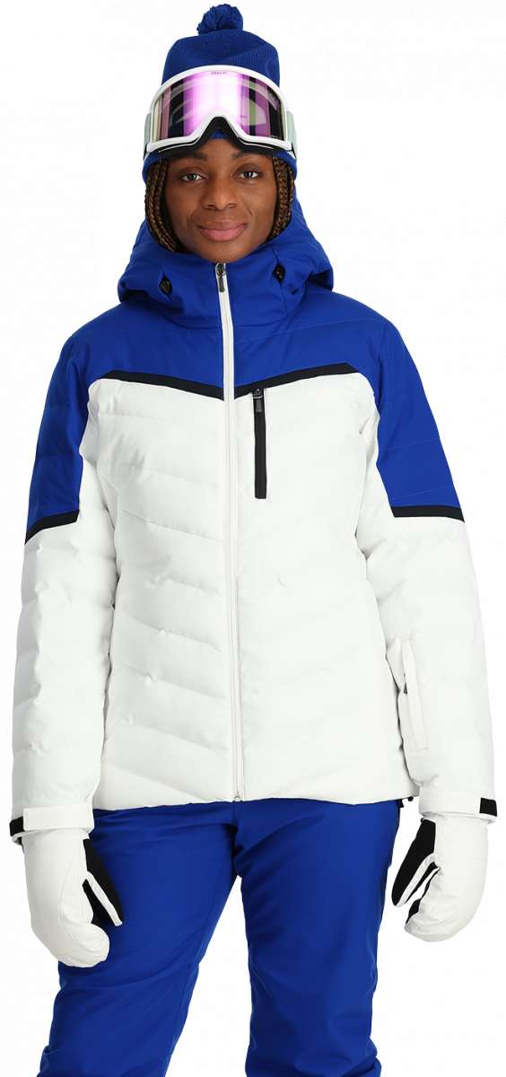 Spyder Ladies Brisk Synthetic Down Jacket 2024 - A royal blue and white jacket with a black zipper on the front.